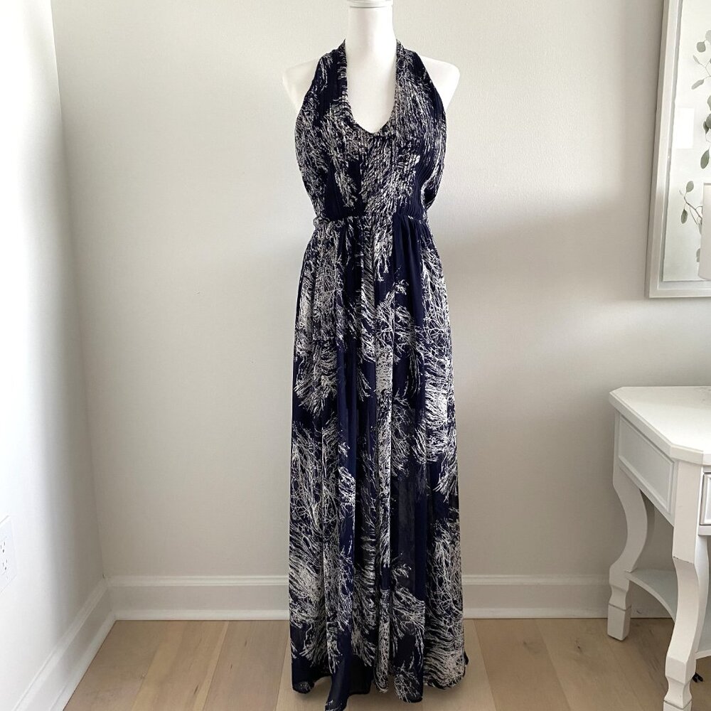 Umgee Floral Maxi Chiffon Dress Navy White